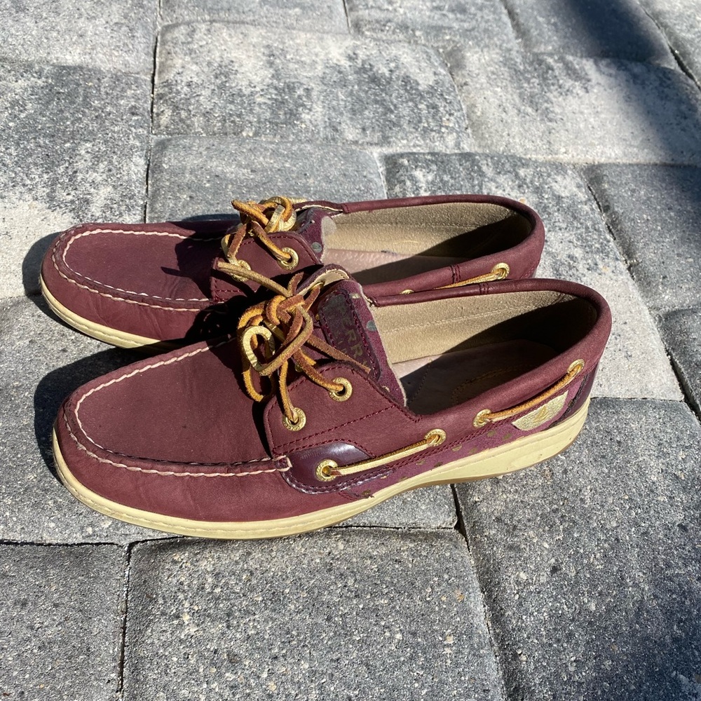 Burgundy and gold Sperrys